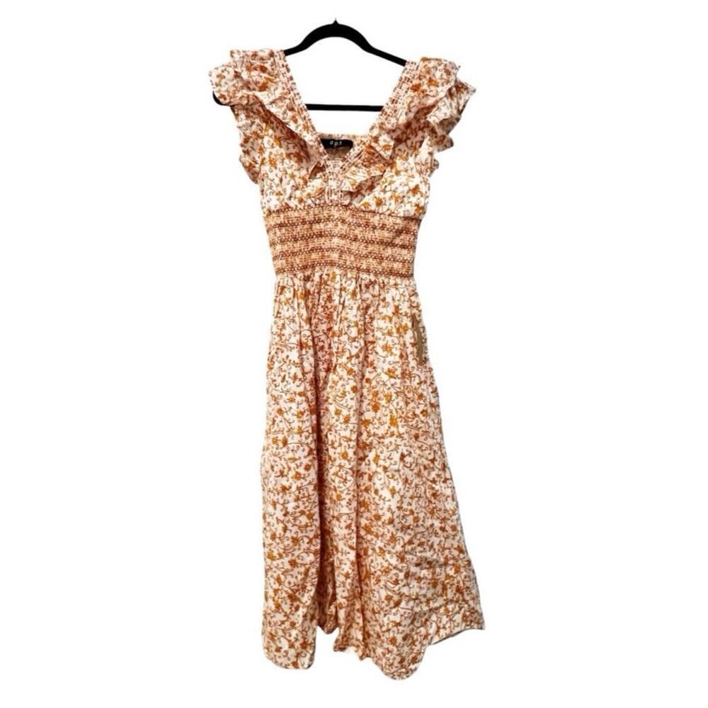 O.P.T Smocked Waist Ruffle Scilla Midi Dress Orange Floral Size Small NWOT - Picture 9 of 13
